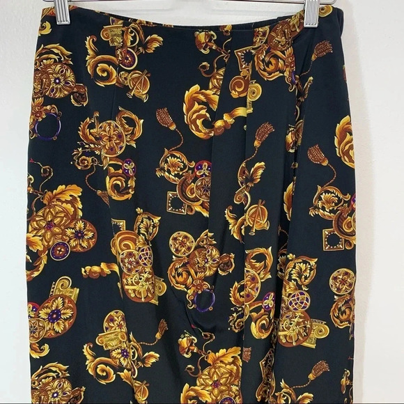 CK Midi Skirt 12 Faux Wrap Black Gold Floral Print Classic Whimsy Goth Office// - Picture 2 of 11